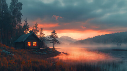 Cozy Cabin by a Misty Lake at Sunset