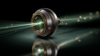 high tech optical lens with sleek design, showcasing intricate details and reflective surface. lens emits beam of light, illustrating its advanced capabilities in communication technology