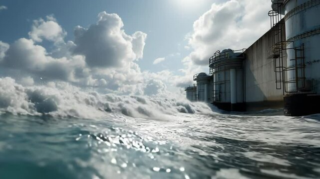 Powerful ocean waves crash against a row of industrial Oscillating Water Column (OWC) wave energy generators along the coast, under a bright sky filled with dramatic clouds, capturing renewable energy