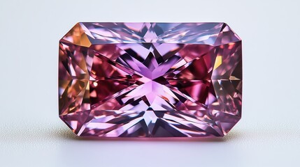 Fototapeta premium Macro shot of a radiant-cut ruby with brilliant sparkle and fiery reflections, isolated on white background