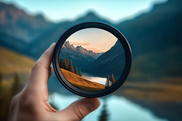 Capturing Nature's Essence Hand Holding Camera Lens Filter with Stunning Landscape Reflection, Creative Photography Concept
