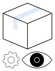 Box with a blue tape, mechanical gear, and eye icon suggesting packaging, process automation, tracking, monitoring, quality assurance, product design, and logistics in a simple landing page