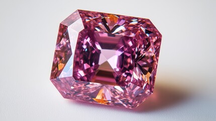 Fototapeta premium Macro shot of a radiant-cut ruby with brilliant sparkle and fiery reflections, isolated on white background