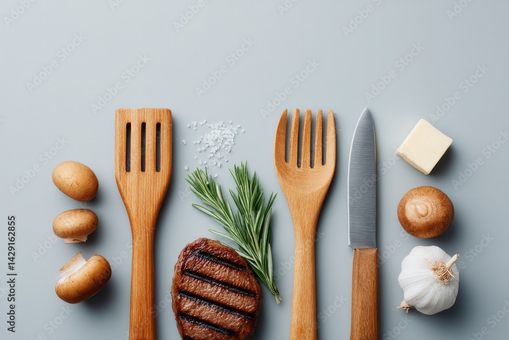 Poster minimalistic barbecue setup with grilling tools vegetables and meats arranged neatly surrounded by a