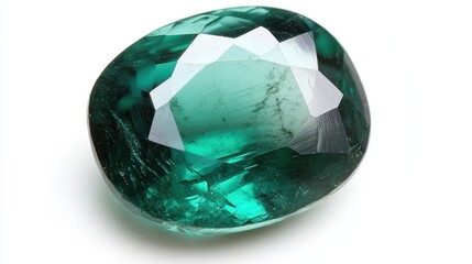 Fototapeta premium High-detail macro shot of a cushion-cut emerald with rich green color, isolated on white background