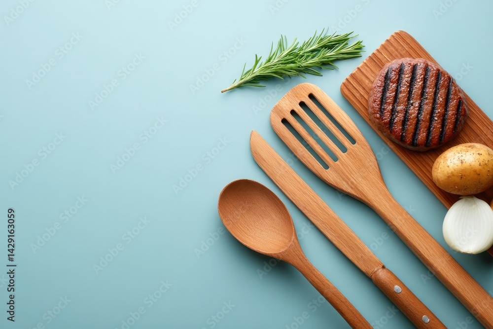 Poster minimalistic barbecue setup with grilling tools vegetables and meats arranged neatly surrounded by a