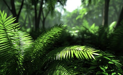 Lush jungle foliage in a tropical forest setting. Sunlight filters through dense vegetation, creating a vibrant, immersive environment