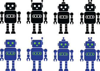 Robot silhouettes icons set. Simple cute robotics character, avatar collection on isolated transparent background. Futuristic cute help bots in minimalistic style. Vector illustration.