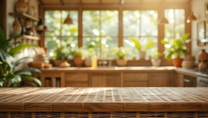 Wooden Tabletop with Bright Kitchen and Window in Soft Sunlight