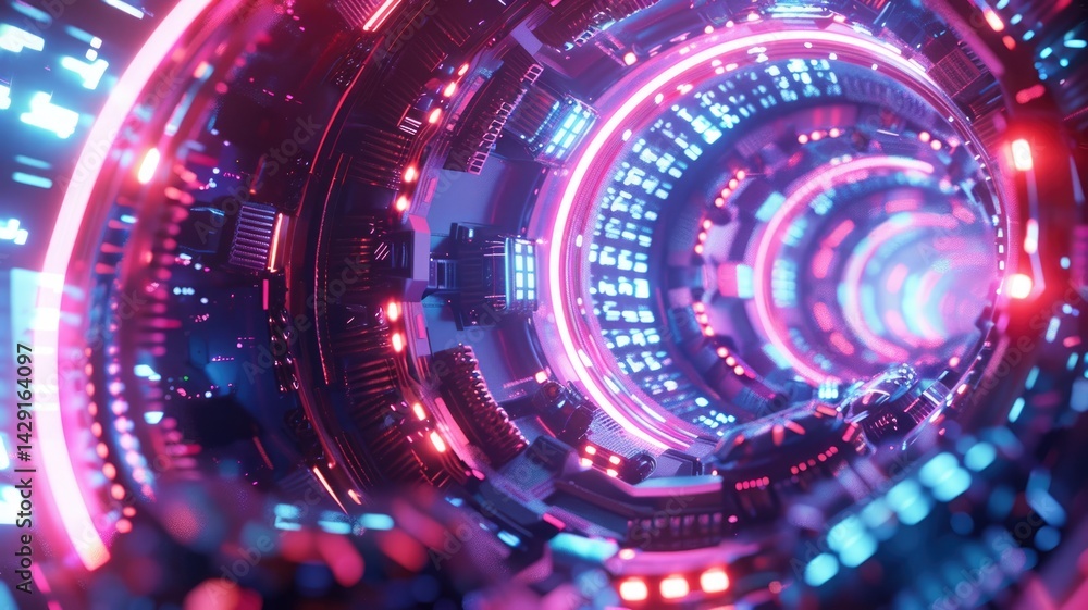 Poster abstract picture of mysterious geometric shape portal with digital style neon light glowing to leadi