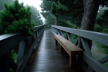 Fototapeta premium serene wooden walkway surrounded by lush greenery, leading through foggy landscape. bench invites contemplation in this tranquil setting, perfect for peaceful morning stroll