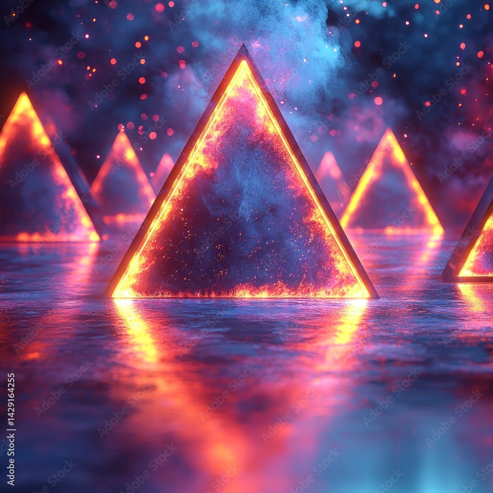 Poster glowing triangle structures reflecting on a wet surface with smoke and particles