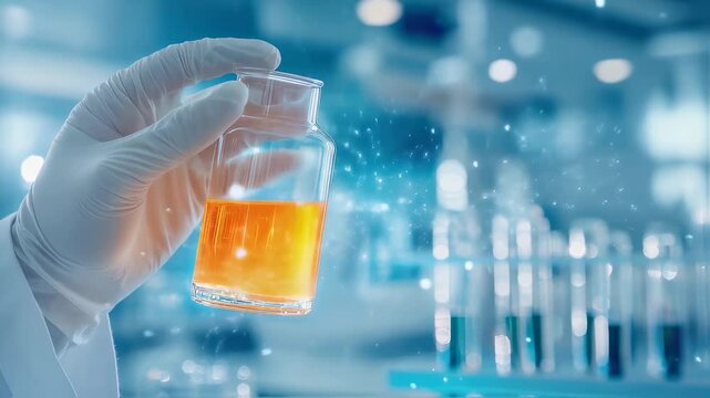 Gloved hand holding glass vial with orange liquid in scientific laboratory environment with blurred test tubes in background. Panning camera motion with soft blue bokeh effect.
