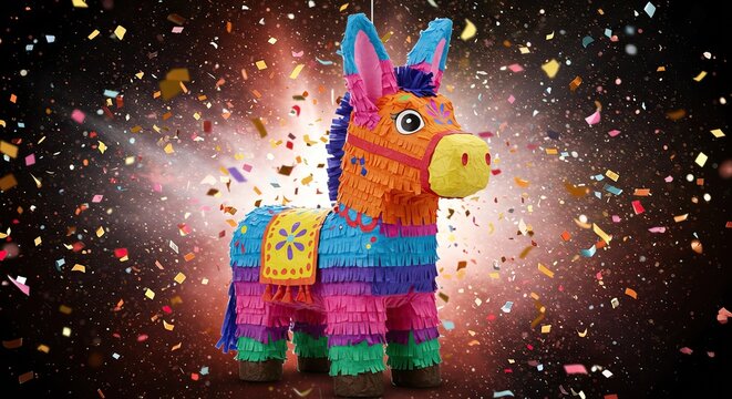 Vibrant donkey pinata with colorful confetti background for celebration and party decor
