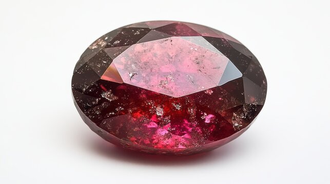 Detailed shot of a ruby with brilliant red sparkle and sharp facets, isolated on white background