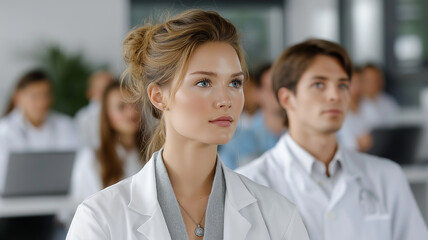 Fototapeta premium focused medical student listens attentively during lecture in modern classroom, surrounded by peers in white lab coats. atmosphere is one of learning and engagement
