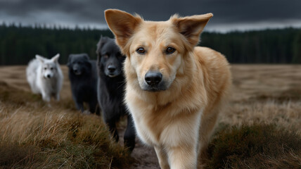 group of four dogs, including golden retriever and two dark colored dogs, walking through grassy field under moody sky. scene conveys sense of adventure and companionship