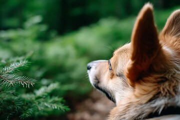 A brown and white dog looking up at a pine tree