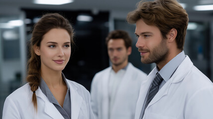 Fototapeta premium group of medical professionals engaged in discussion about advancements in healthcare, showcasing collaboration and innovation in modern medical environment