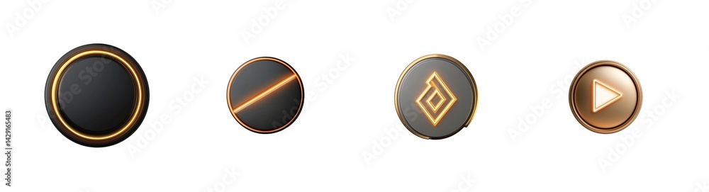 Poster set of four metallic buttons with distinct symbols and glossy finish