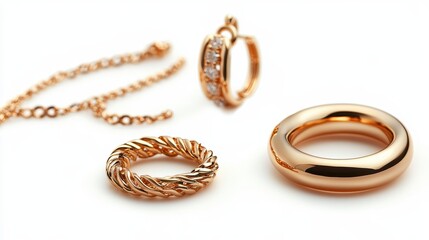 Simple yet elegant gold jewelry set with matching hoops, necklace, and ring, isolate on white background