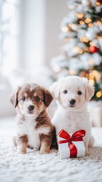cute puppies and presents, puppies with gifts, christmas puppy fun, festive puppy photos, adorable holiday pups, puppies and christmas, cute dog gifts, holiday puppy decor, playful puppies with presen