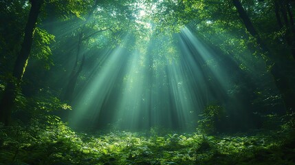 Fototapeta premium The sunlight filtering through the dense canopy of a forest