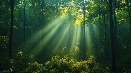 Obraz premium The sunlight filtering through the dense canopy of a forest