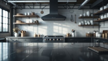 Dark Kitchen Counter with Blurred Background and Natural Sunlight in