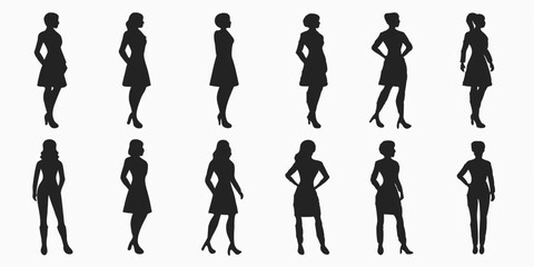 Silhouette Vector of Pregnant Woman in Various Poses and Side Views, Maternity Female Figures Outline Set
