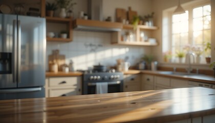 Sunlit Kitchen Interior Scene Featuring Wooden Countertop and Modern Appliances