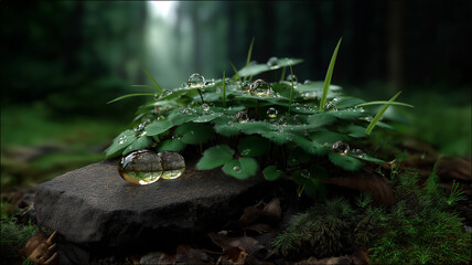 close up view of lush green leaves adorned with dew drops, resting on stone in serene forest setting. light reflects beautifully off droplets, creating tranquil atmosphere