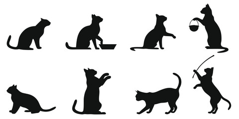 Cat Silhouettes Vector - Set of 8 Black Cat Poses Sitting, Playing, Standing, Walking, and Stretching