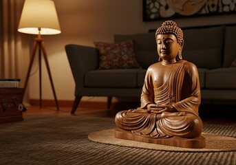 Serene Buddha Statue in a Tranquil Home Setting A 3D Rendered Image of Peaceful Meditation