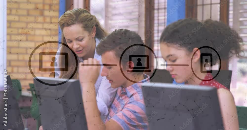 Poster teacher guiding students in classroom, with animated chart icons floating above laptops and desks