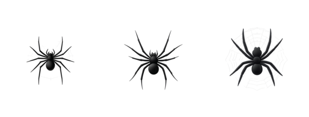 Three black spiders with webs show intricate design and texture in different perspectives