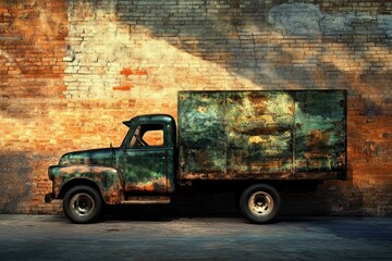 Rustic vintage truck parked against a weathered brick wall, bathed in sunlight.