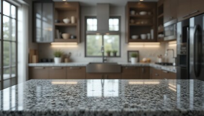 Granite Countertop in Modern Kitchen Interior with Window View