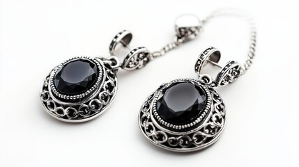 Stylish silver jewelry set with a black onyx necklace, matching earrings, and ring, isolate on white background
