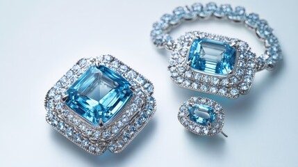Elegant white gold jewelry set featuring aquamarine accents on earrings, necklace, and ring, isolate on white background