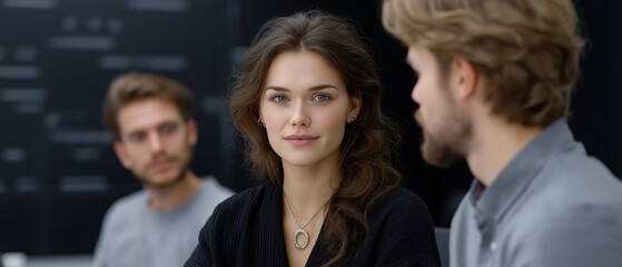 Obraz premium focused woman in business meeting, wearing black outfit and necklace, engages with her colleagues. atmosphere is professional and collaborative, highlighting teamwork and communication