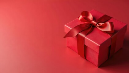 Elegant red ribbon tied gift boxes, gold accents, merry, backdrop