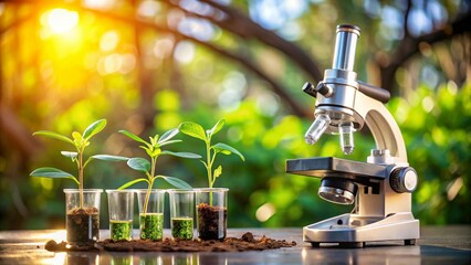 Microscope and young plant in test tube symbolize biotech research and advances in biochemistry