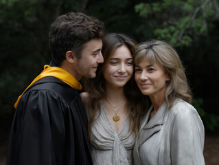 Fototapeta premium proud graduate hugs their parents in emotional moment, celebrating achievement and family love. joy and pride are evident in their expressions