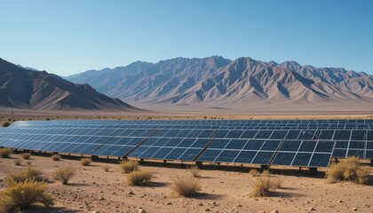 Harnessing sustainability, solar panels in desert landscape showcase renewable energy potential against majestic mountains