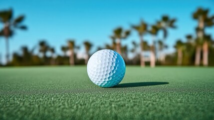 A close-up of a golf ball on a green surface, surrounded by palm trees under a bright blue sky, showcasing a sunny day ideal for golfing.