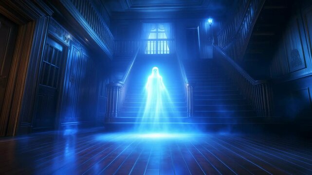 Blue glowing translucent figure standing on stairs in vintage wooden interior with window and ambient lighting