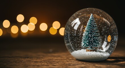 Snow Globe with Tree and Bokeh Lights on Wood Surface