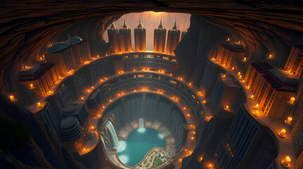 Terraced circular districts descending into a massive crater with suspended transit pods and waterfall-powered generators around an underground lake