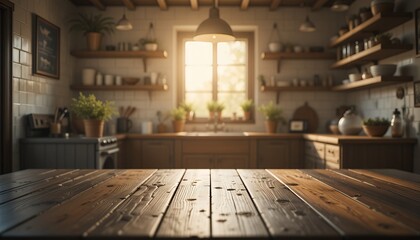 Rustic Wooden Tabletop in Bright Kitchen Interior with Open Shelves